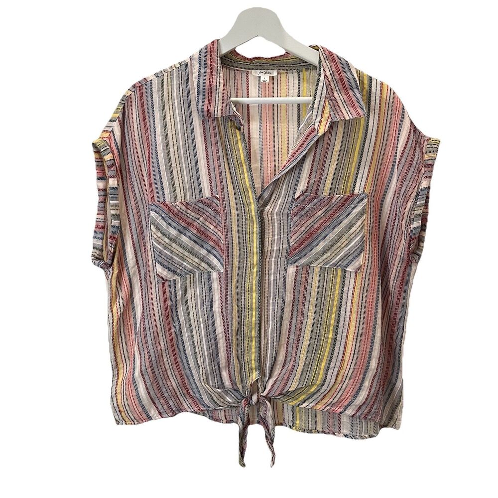 Tea Rose Embroidered Striped Multicolor Textured Button Up Tie Knot Top Womens L